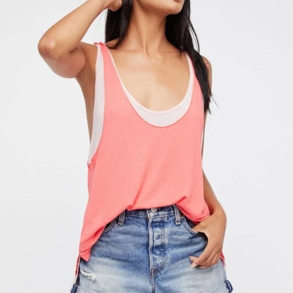 FREE PEOPLE Womens' Coral Pink Karmen Double-Layered Racerback Tank Top Sz S - Picture 2 of 5